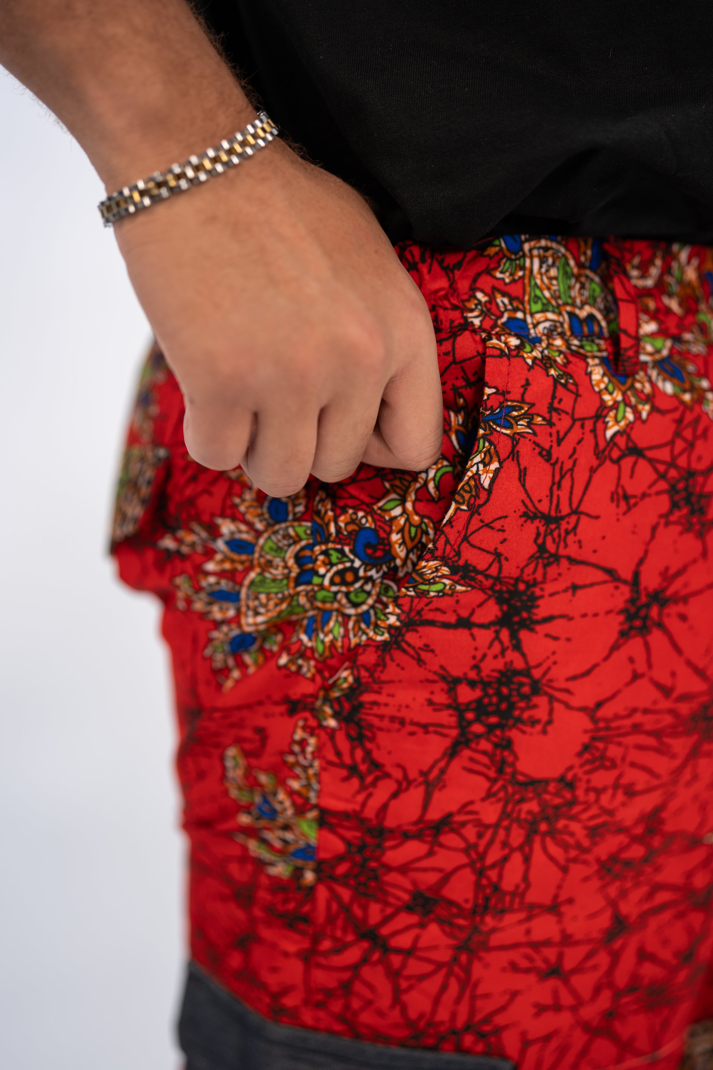 Hakim Men's African Print Shorts (Red Paisley Denim)