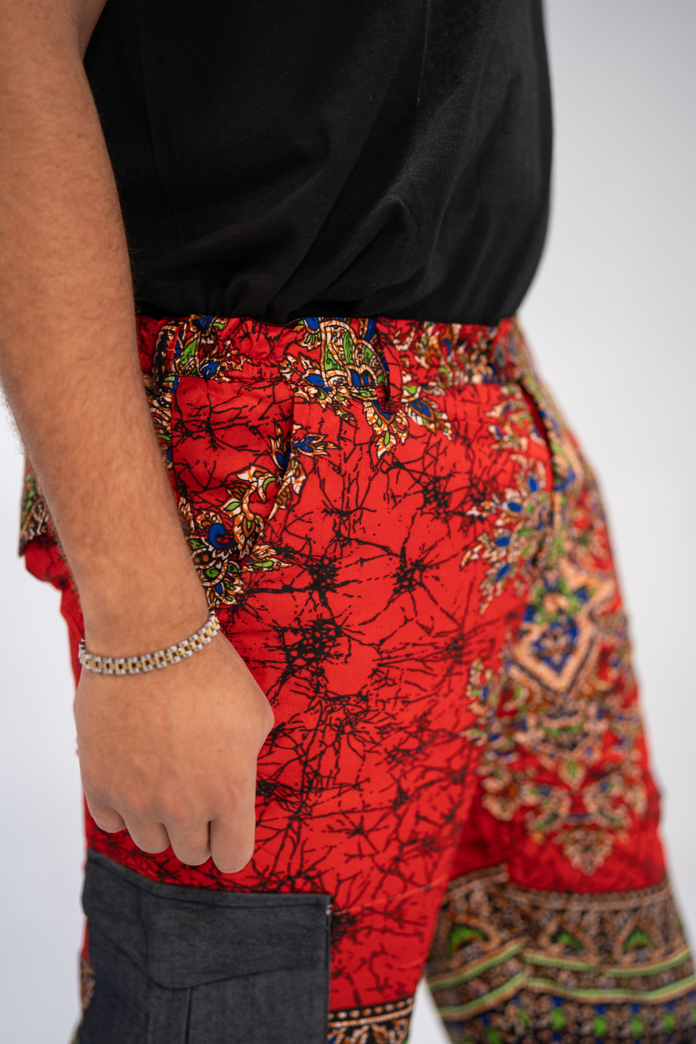 Hakim Men's African Print Shorts (Red Paisley Denim)
