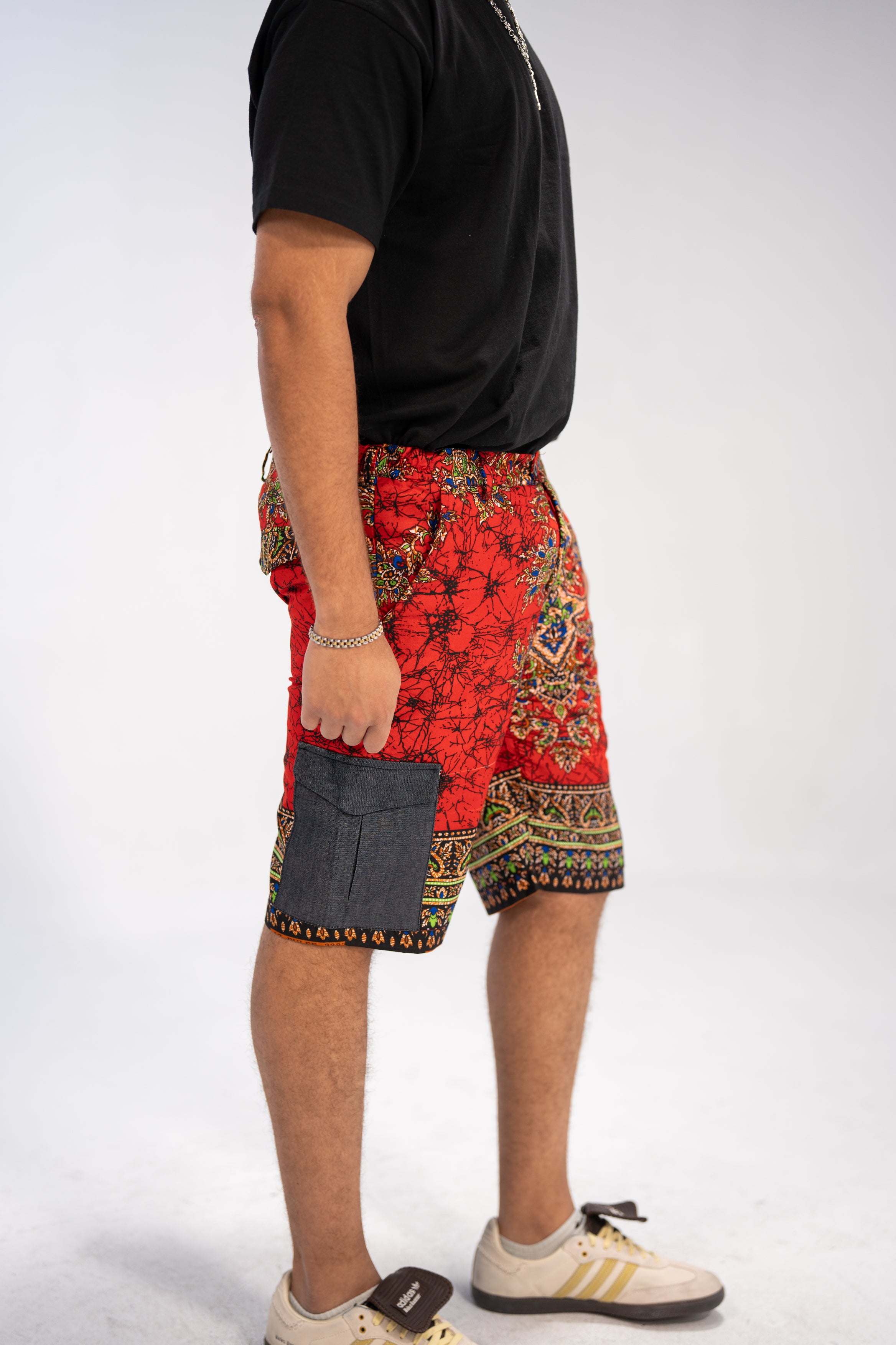 Hakim Men's African Print Shorts (Red Paisley Denim)