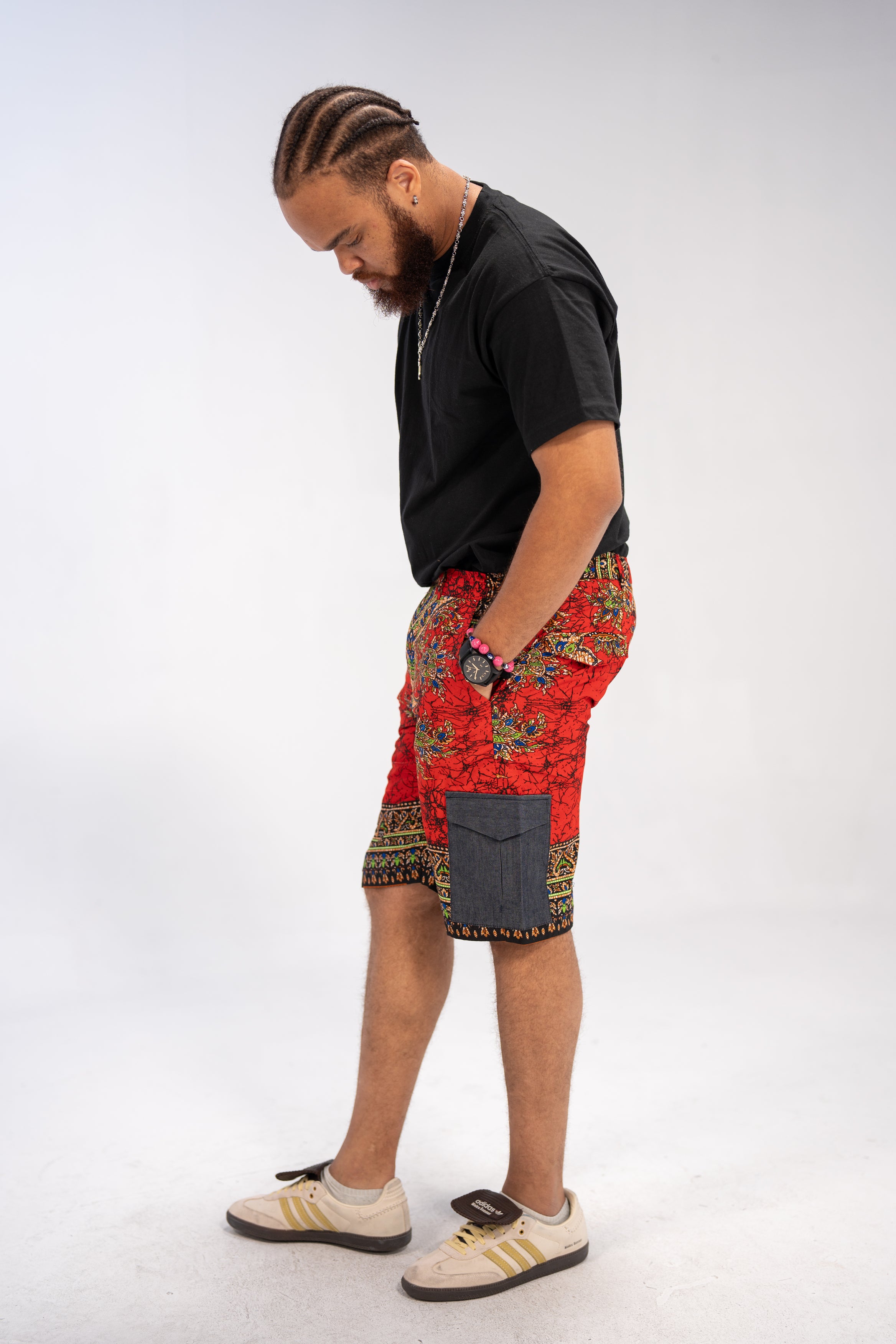 Hakim Men's African Print Shorts (Red Paisley Denim)