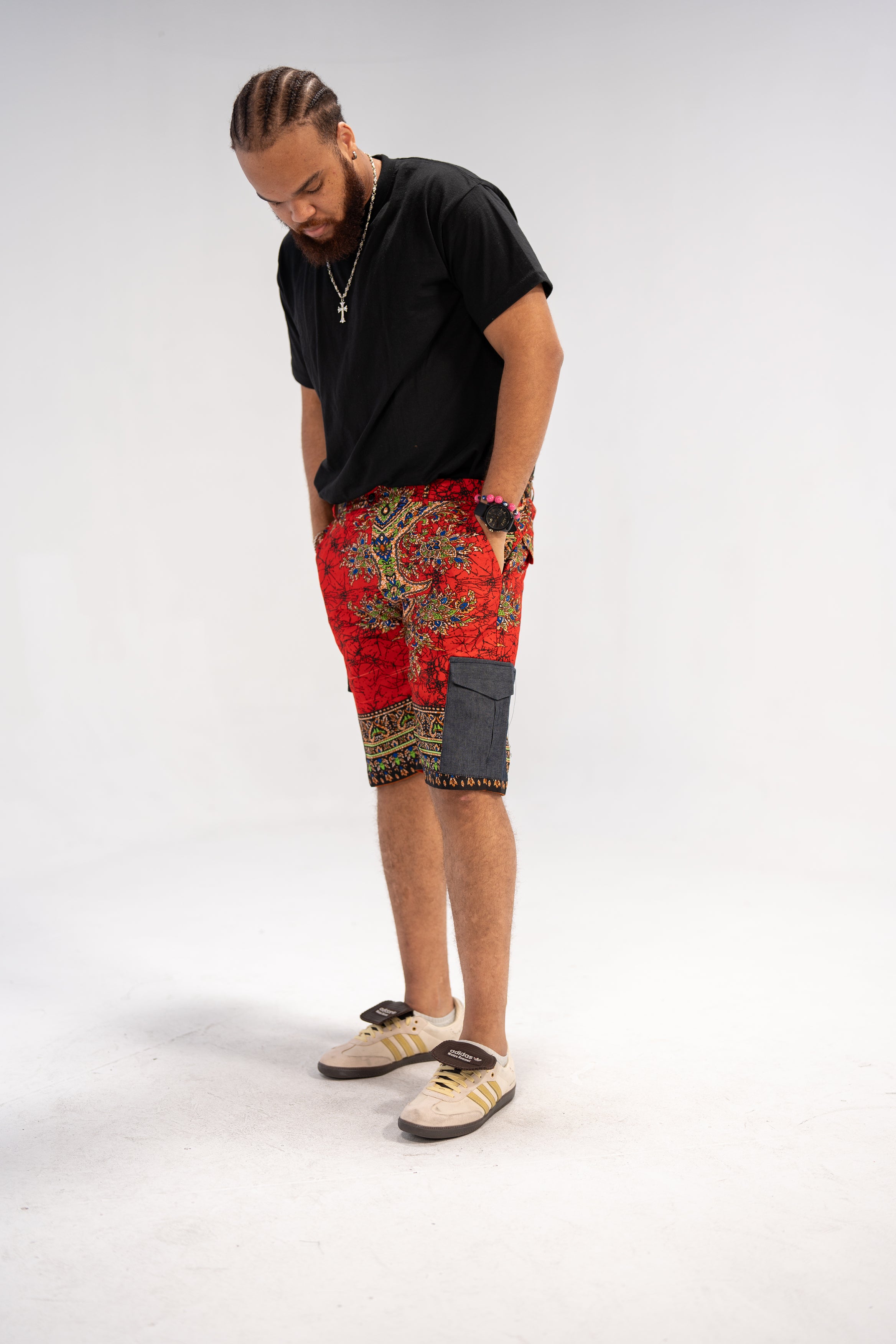 Hakim Men's African Print Shorts (Red Paisley Denim)
