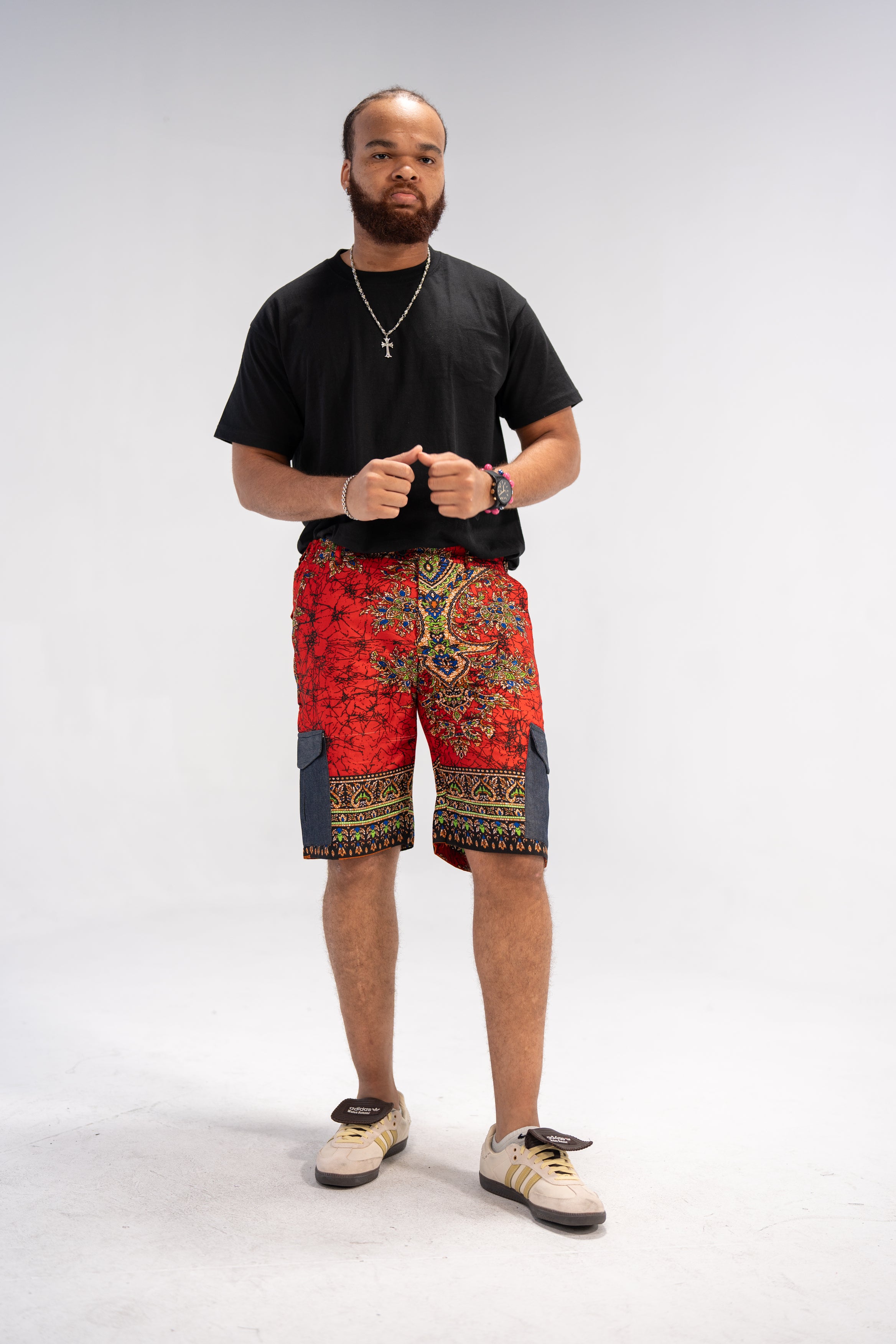 Hakim Men's African Print Shorts (Red Paisley Denim)