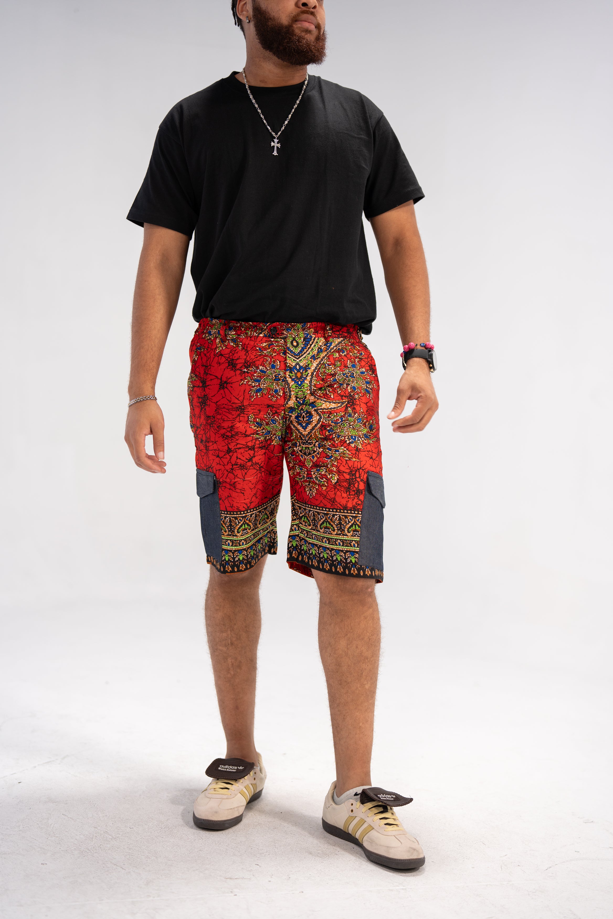 Hakim Men's African Print Shorts (Red Paisley Denim)