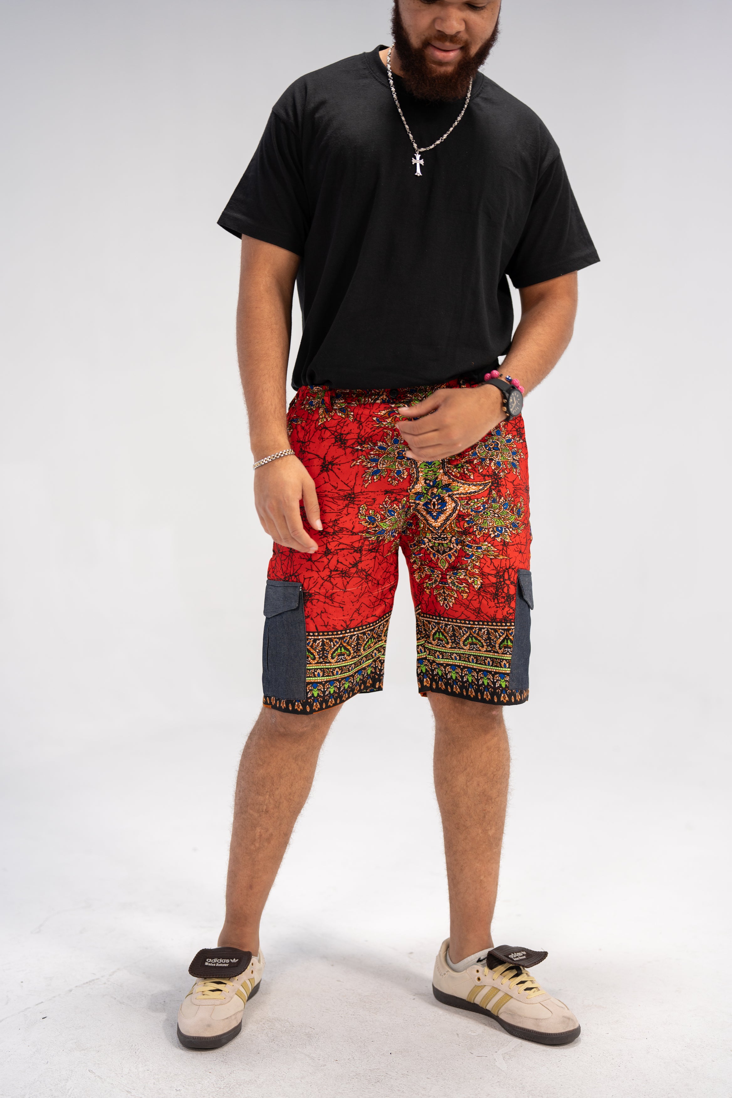 Hakim Men's African Print Shorts (Red Paisley Denim)