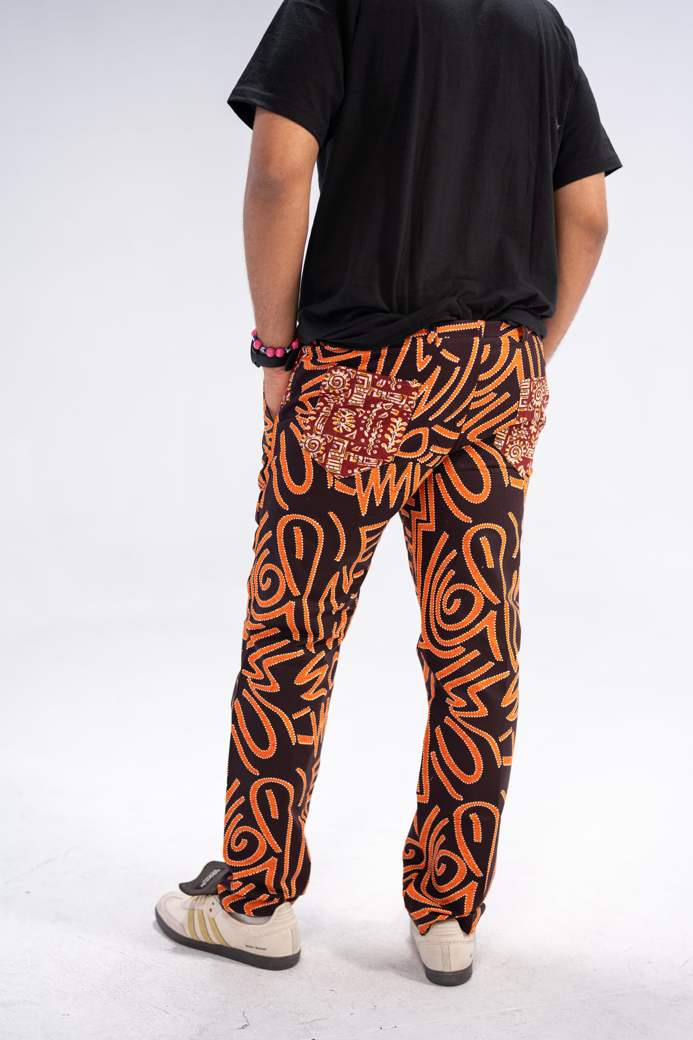 Kwame Men's African Print Trousers (Black Orange Geometric)