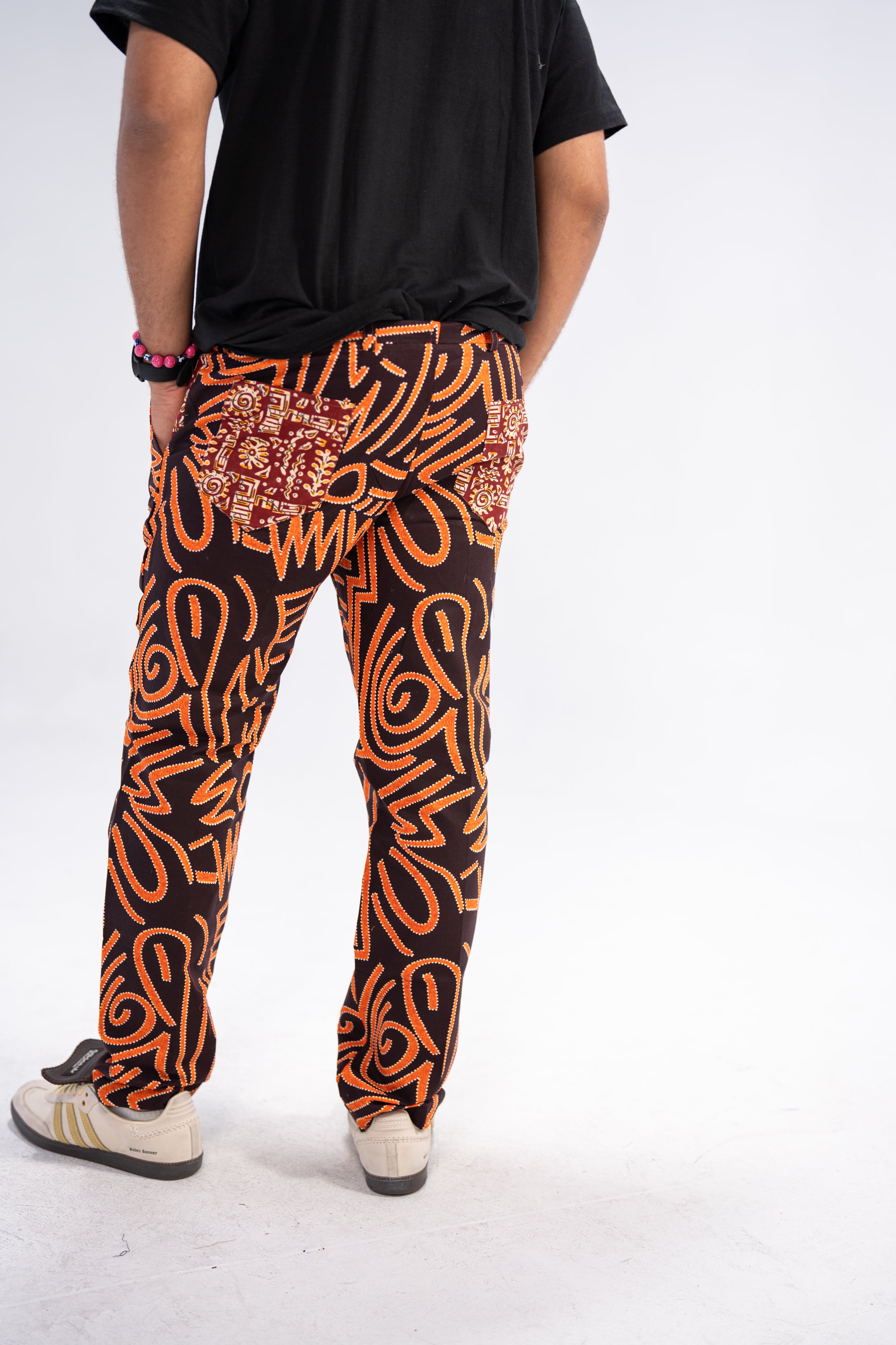 Kwame Men's African Print Trousers (Black Orange Geometric)