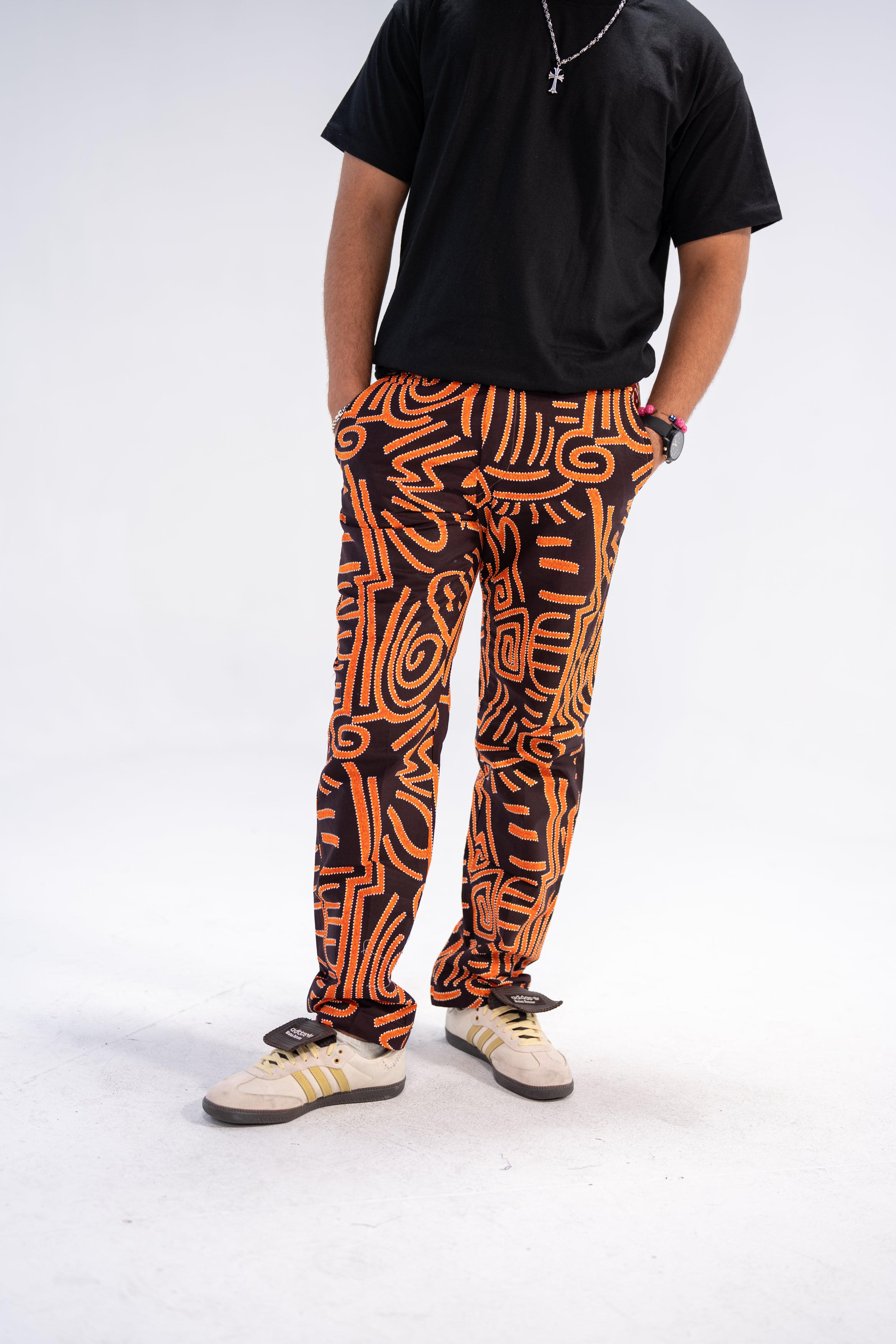 Kwame Men's African Print Trousers (Black Orange Geometric)