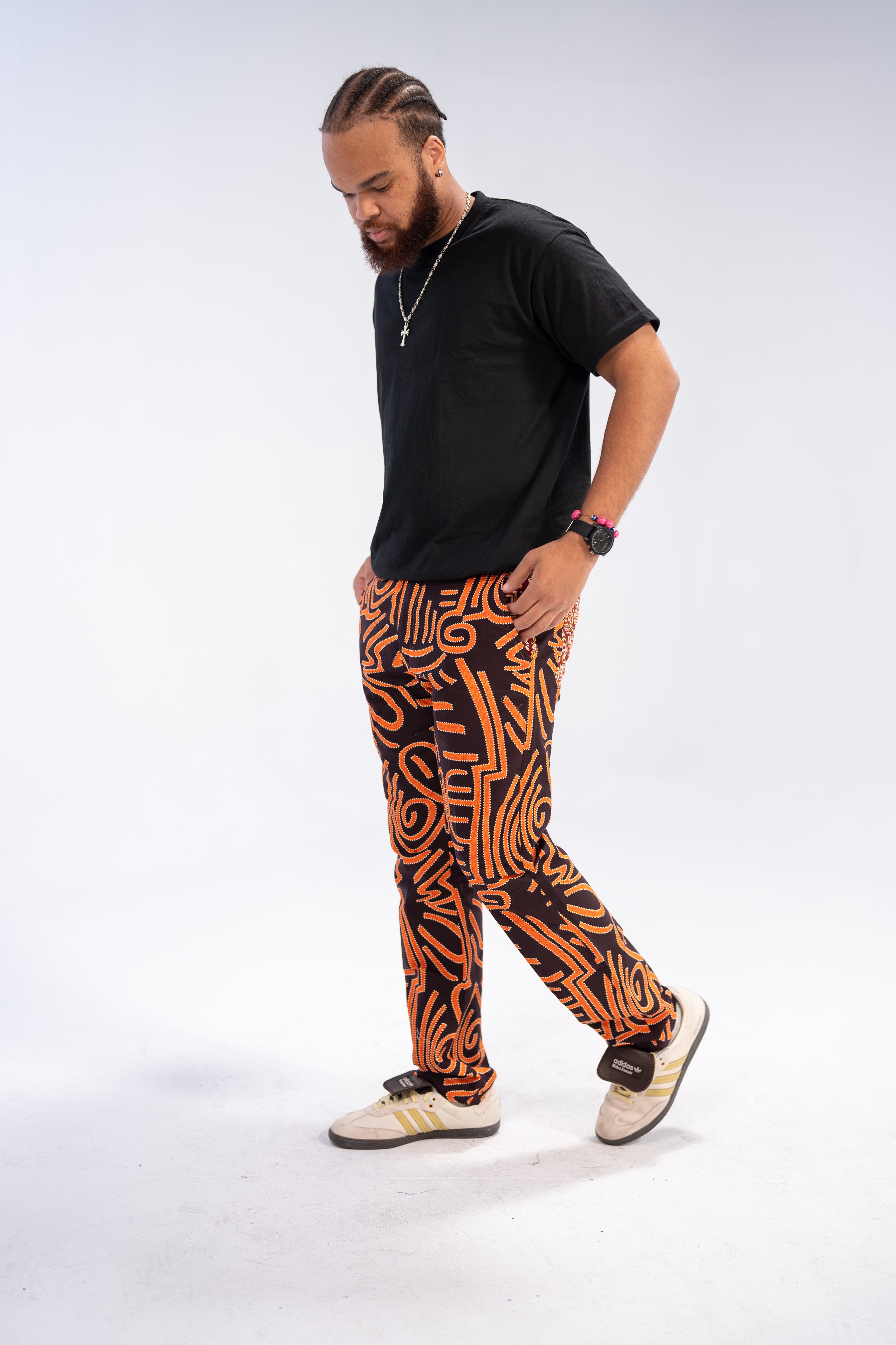 Kwame Men's African Print Trousers (Black Orange Geometric)
