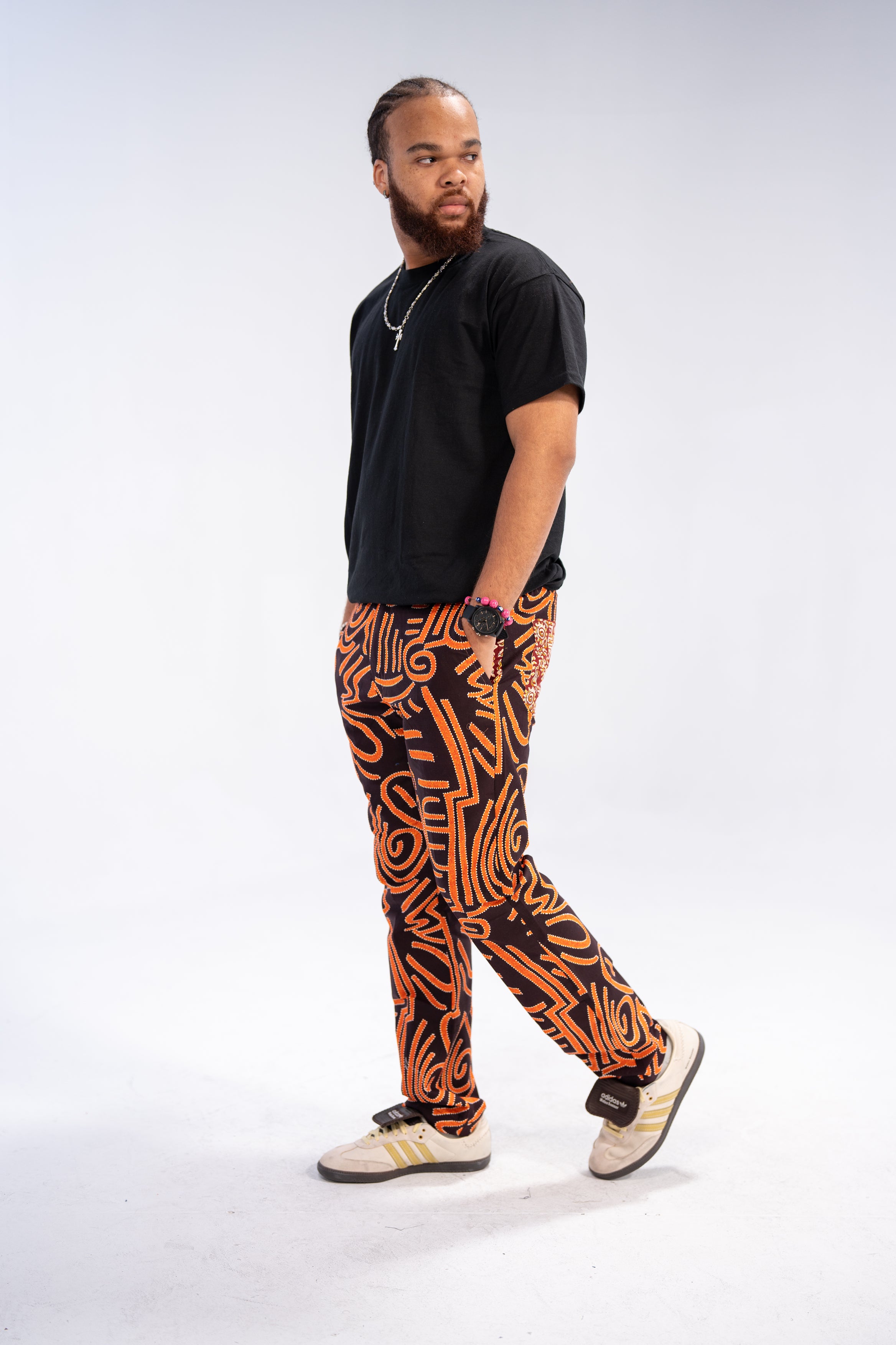 Kwame Men's African Print Trousers (Black Orange Geometric)