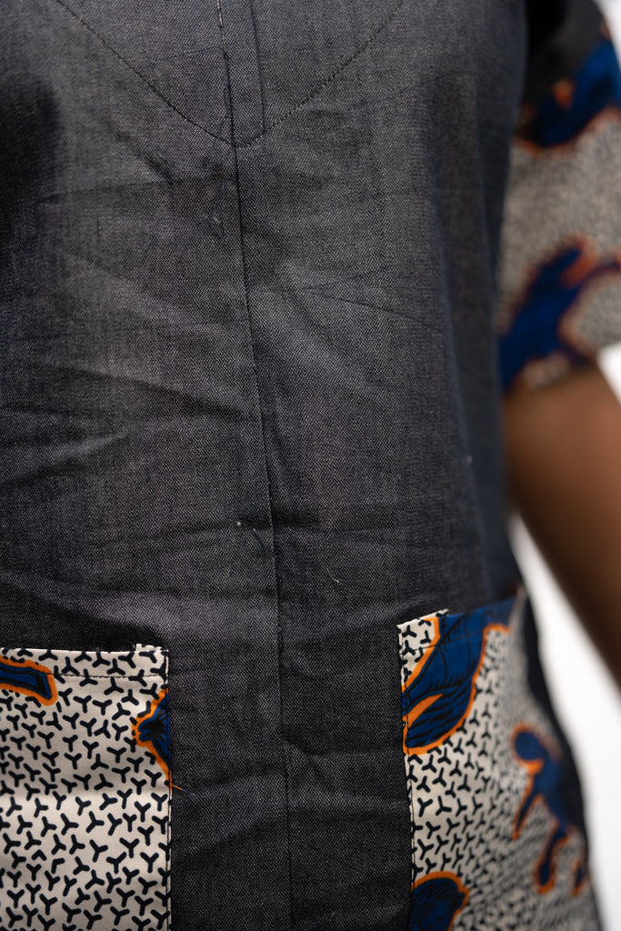 Adaobi Women's African Print Mini Dress (Ankara on Denim)