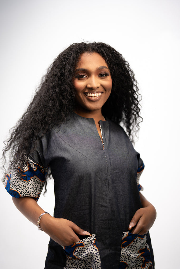 Adaobi Women's African Print Mini Dress (Ankara on Denim)