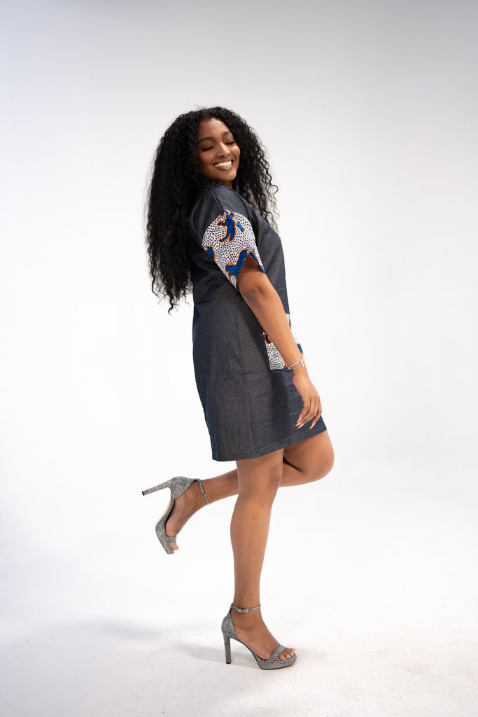 Adaobi Women's African Print Mini Dress (Ankara on Denim)