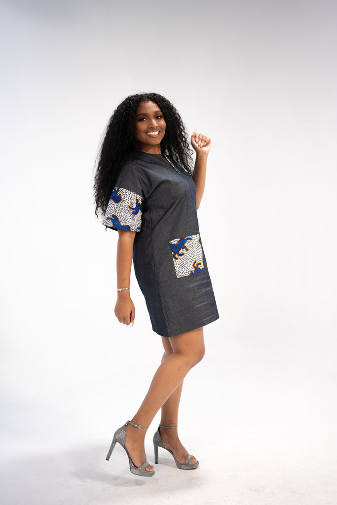 Adaobi Women's African Print Mini Dress (Ankara on Denim)