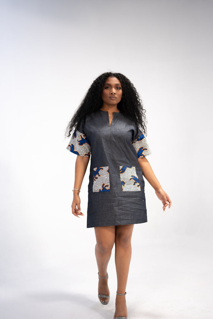 Adaobi Women's African Print Mini Dress (Ankara on Denim)
