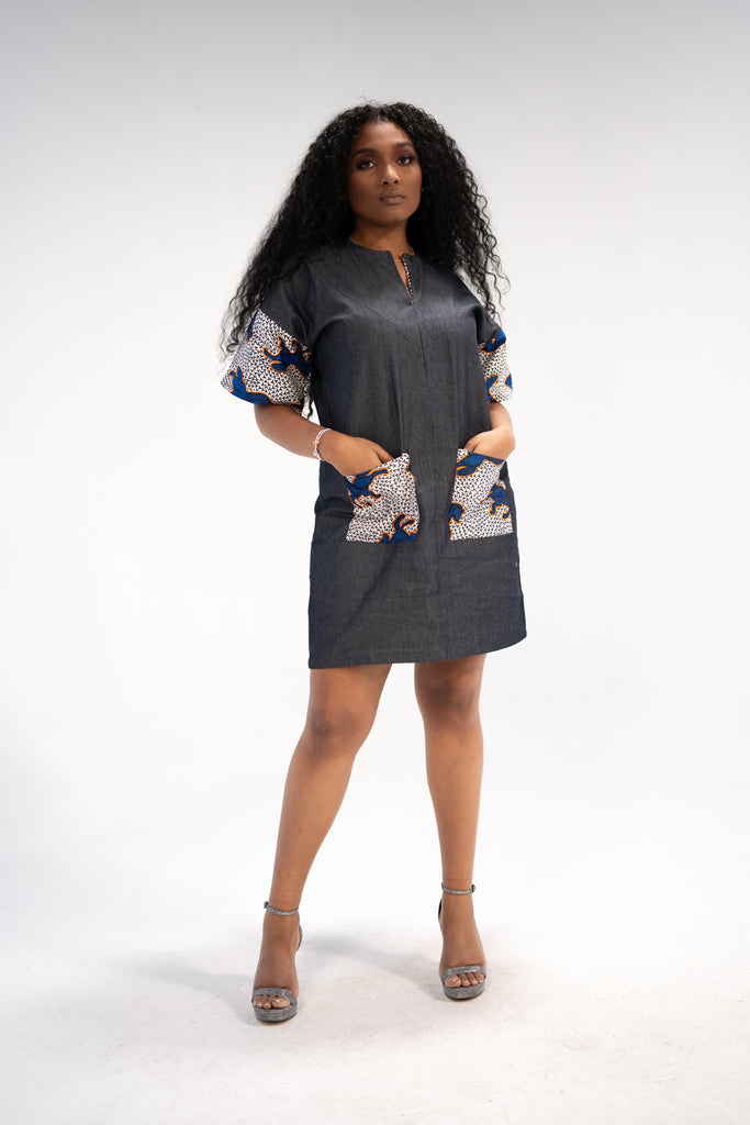 Adaobi Women's African Print Mini Dress (Ankara on Denim)