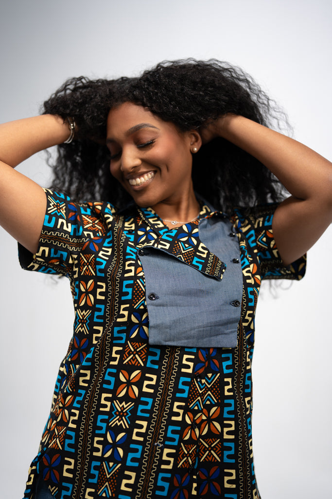 Adaugo Women's African Print Shirt (Print on denim)