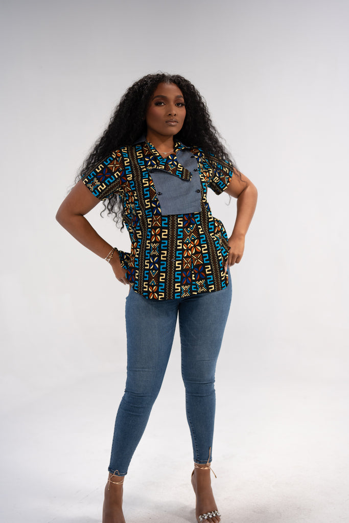 Adaugo Women's African Print Shirt (Print on denim)