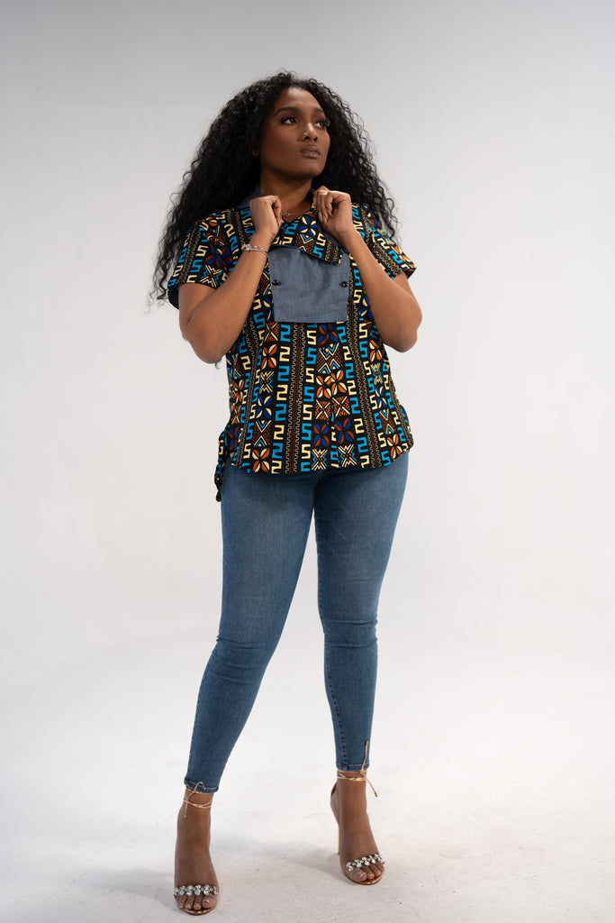 Adaugo Women's African Print Shirt (Print on denim)