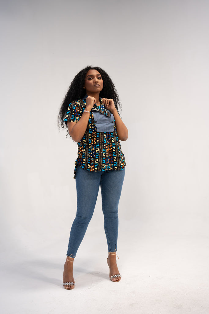 Adaugo Women's African Print Shirt (Print on denim)
