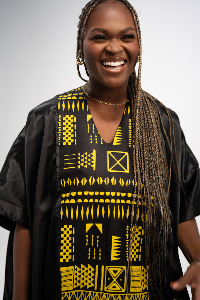 Hassana Women's African Print Maxi Dress (Black Gold Mudcloth)