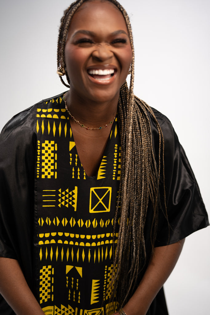 Hassana Women's African Print Maxi Dress (Black Gold Mudcloth)