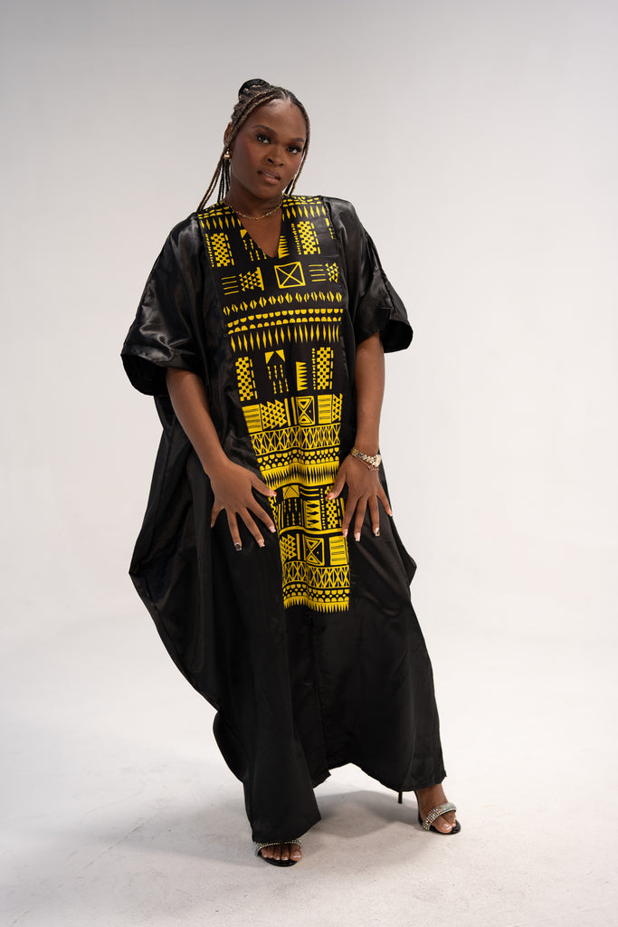 Hassana Women's African Print Maxi Dress (Black Gold Mudcloth)