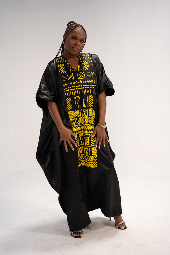 Hassana Women's African Print Maxi Dress (Black Gold Mudcloth)