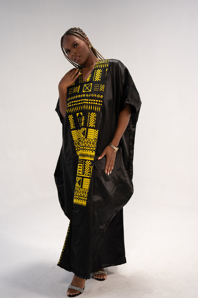 Hassana Women's African Print Maxi Dress (Black Gold Mudcloth)