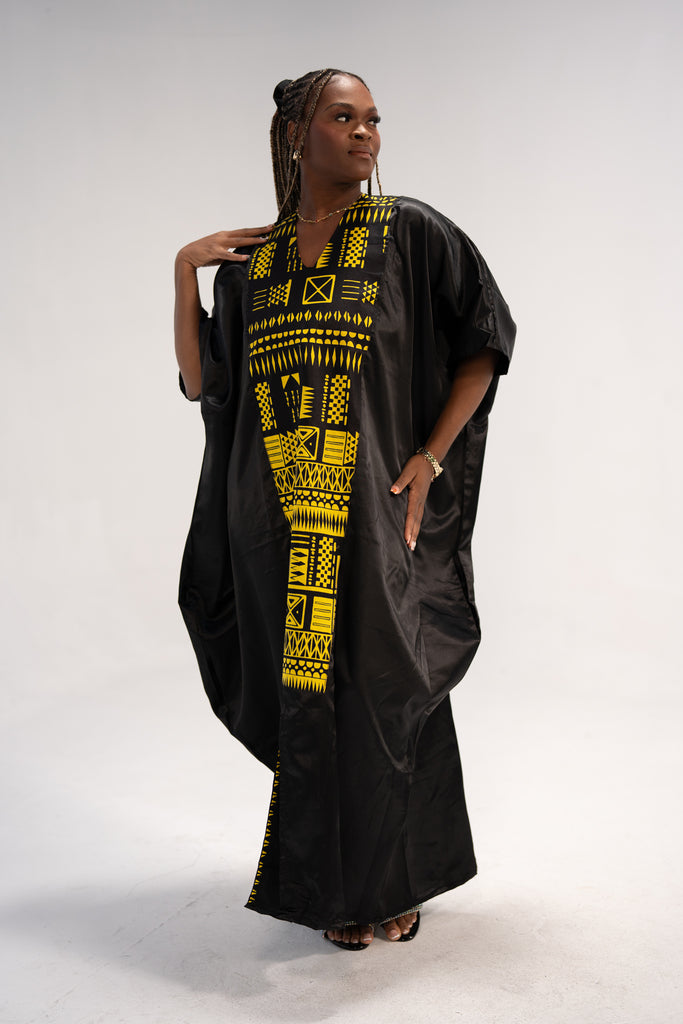 Hassana Women's African Print Maxi Dress (Black Gold Mudcloth)