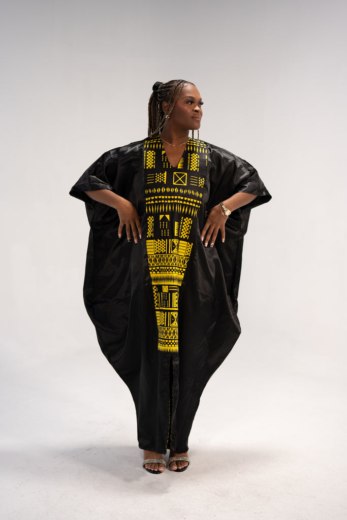 Hassana Women's African Print Maxi Dress (Black Gold Mudcloth)
