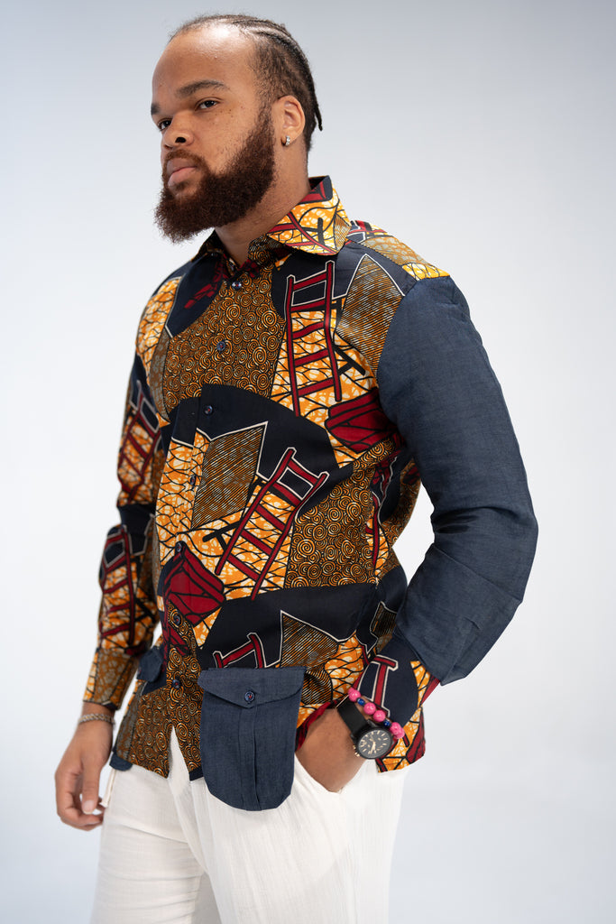 Tunde Men's African Print Shirt (Print on Denim)