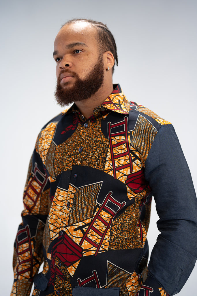 Tunde Men's African Print Shirt (Print on Denim)
