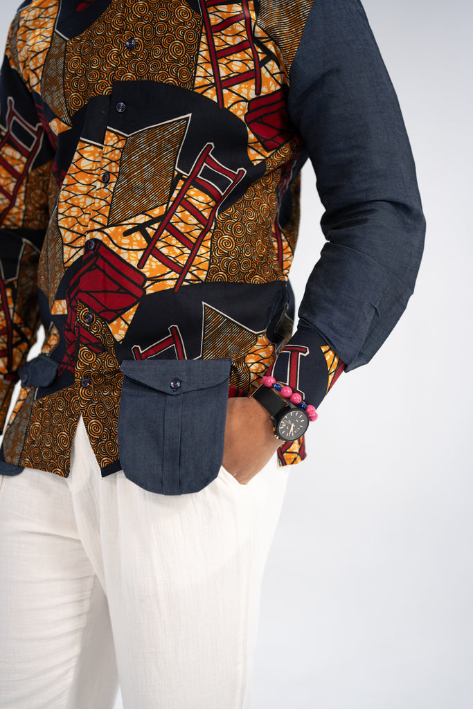 Tunde Men's African Print Shirt (Print on Denim)