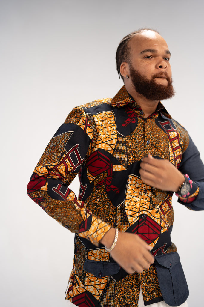 african dress shirt Tunde Men's African Print Shirt (Print on Denim)