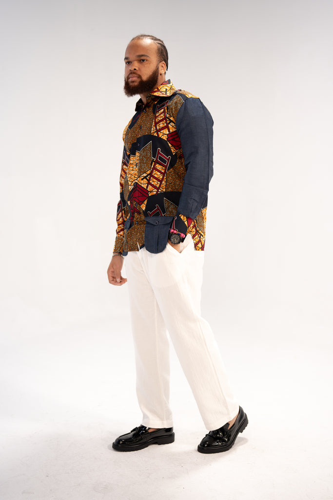 Tunde Men's African Print Shirt (Print on Denim)