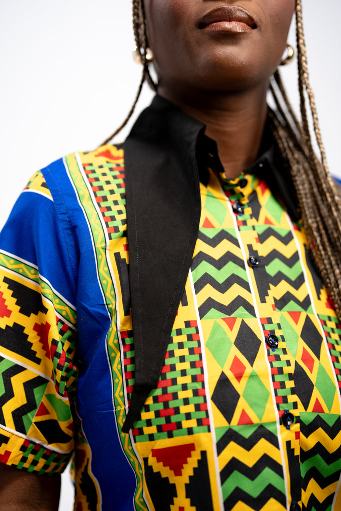 Adaeze Women's African Print Button-Down Shirt (Abstract Geometric)