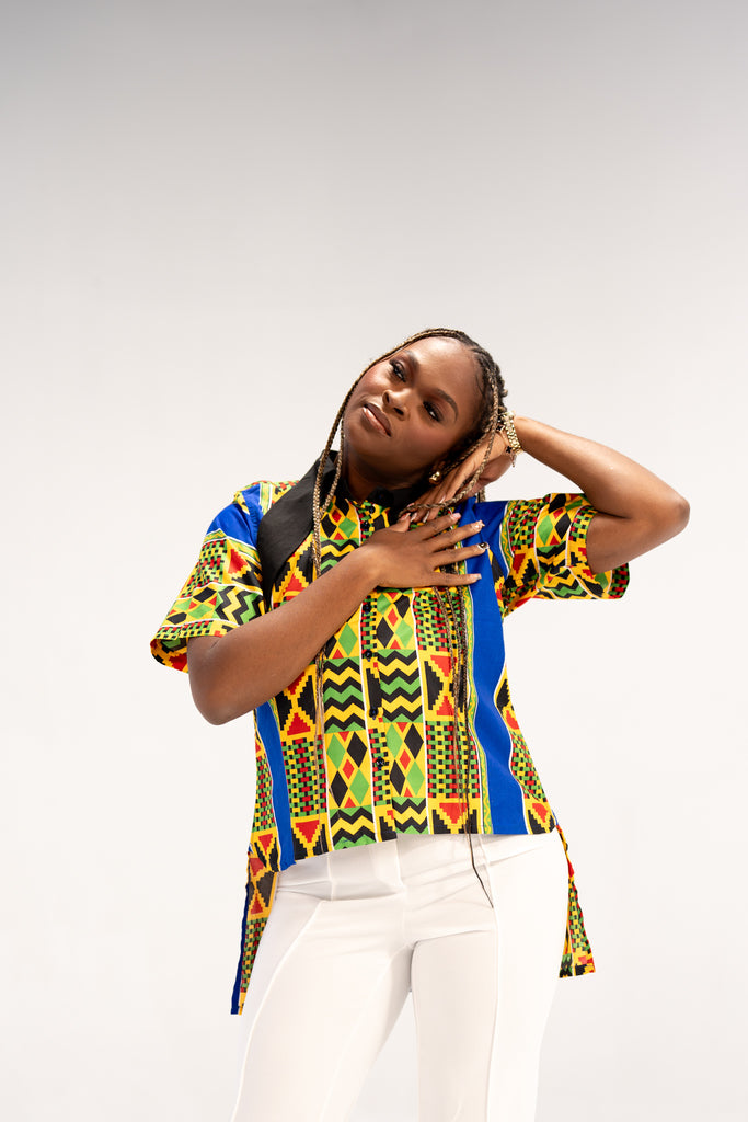 Adaeze Women's African Print Button-Down Shirt (Abstract Geometric)