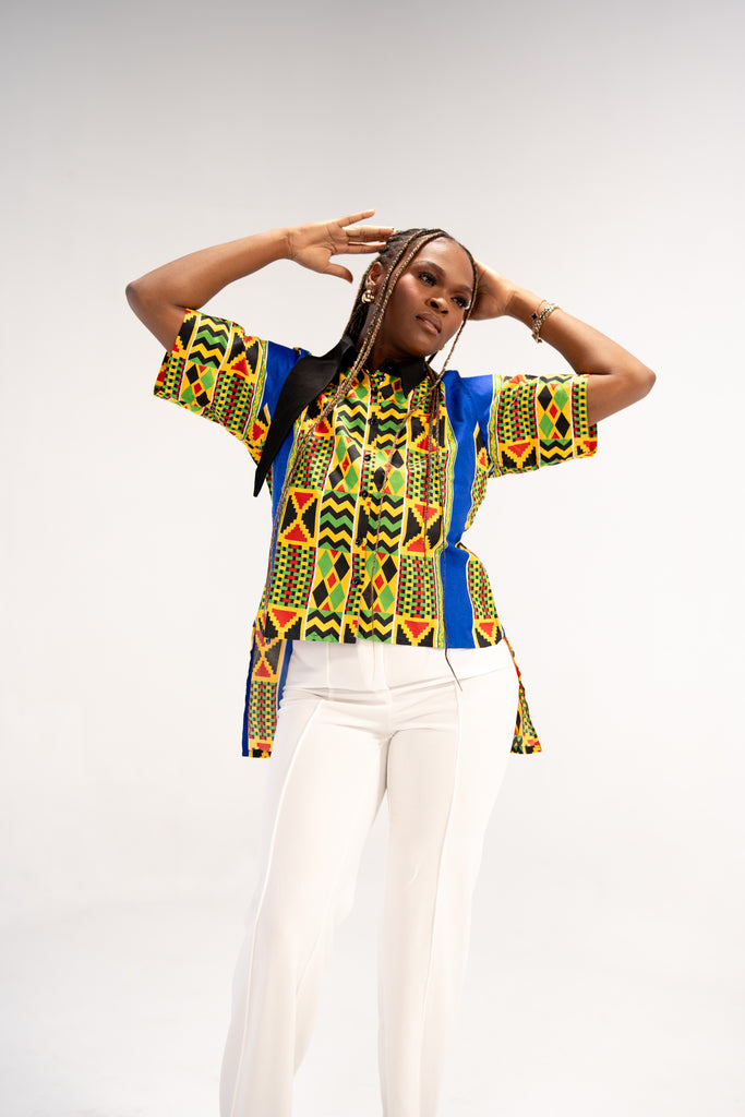Adaeze Women's African Print Button-Down Shirt (Abstract Geometric)