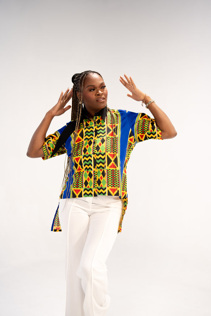 Adaeze Women's African Print Button-Down Shirt (Abstract Geometric)