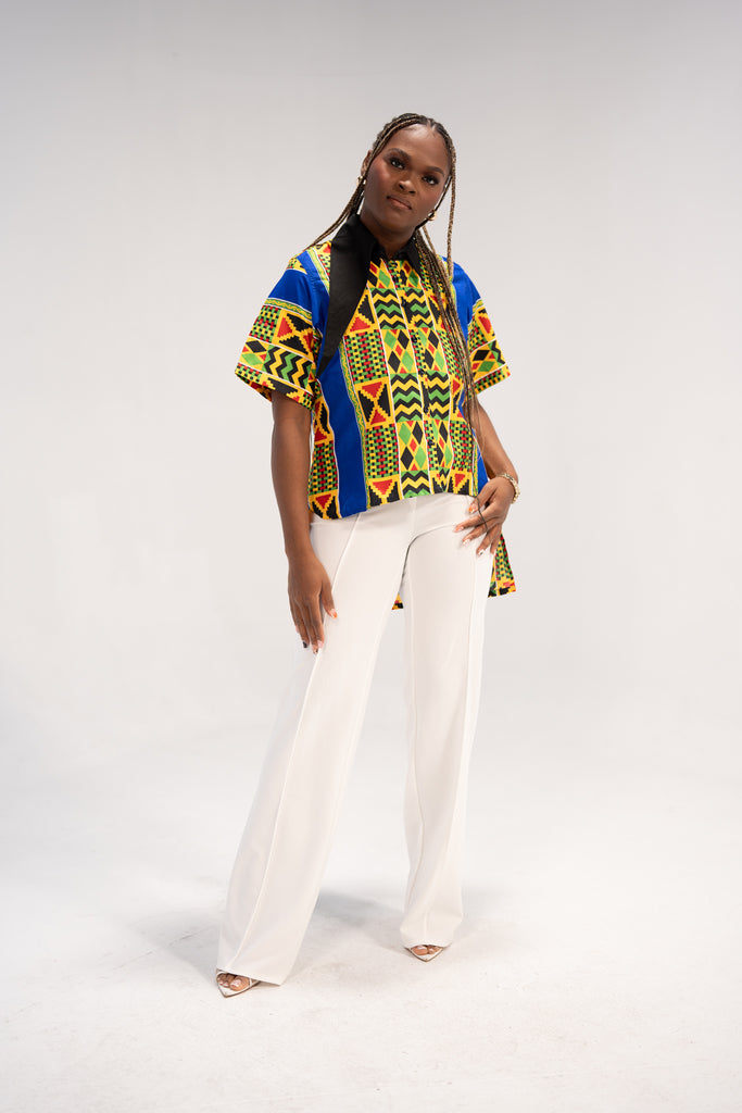 Adaeze Women's African Print Button-Down Shirt (Abstract Geometric)