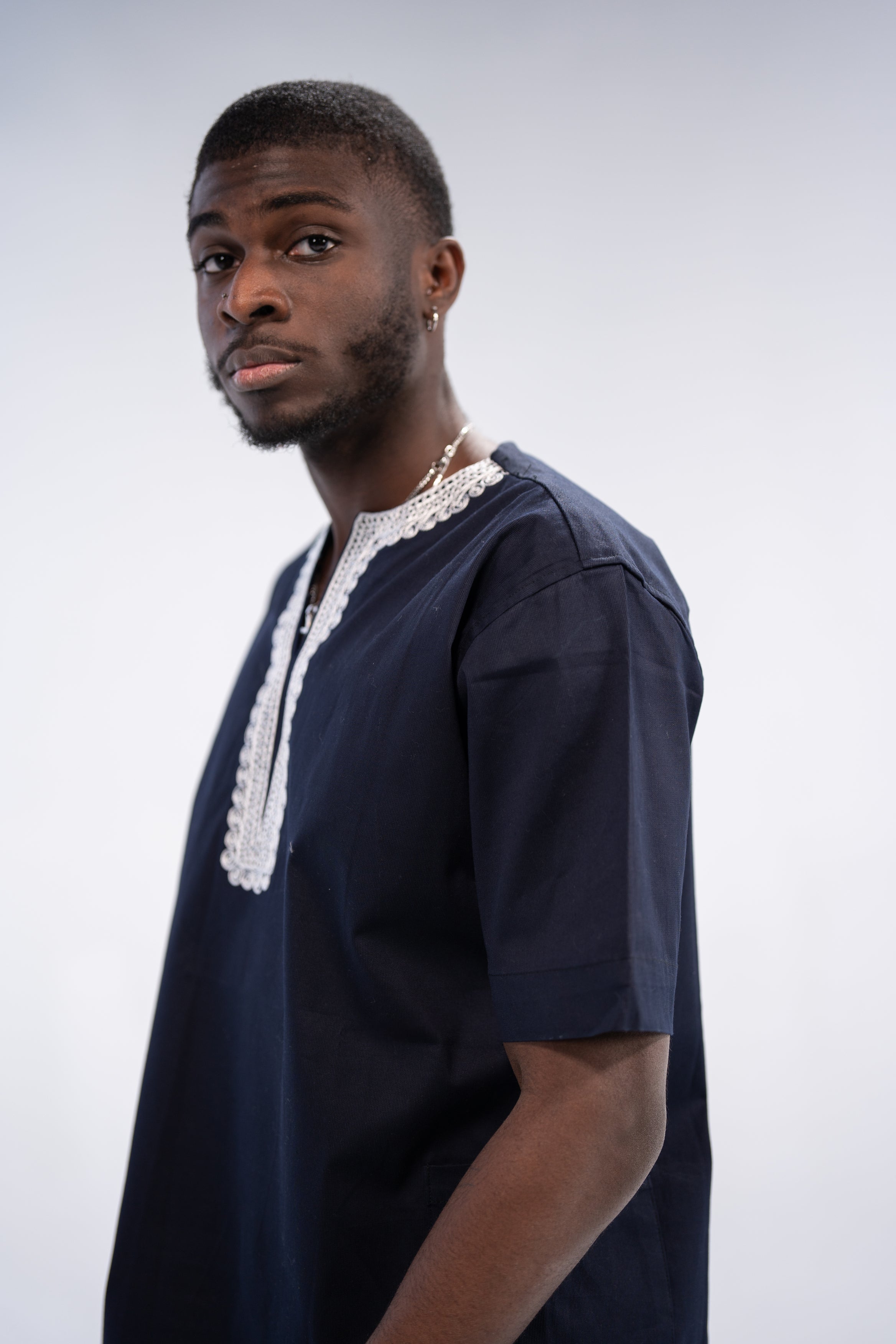 Olumide Men's African Embroidered Traditional Top (Navy)