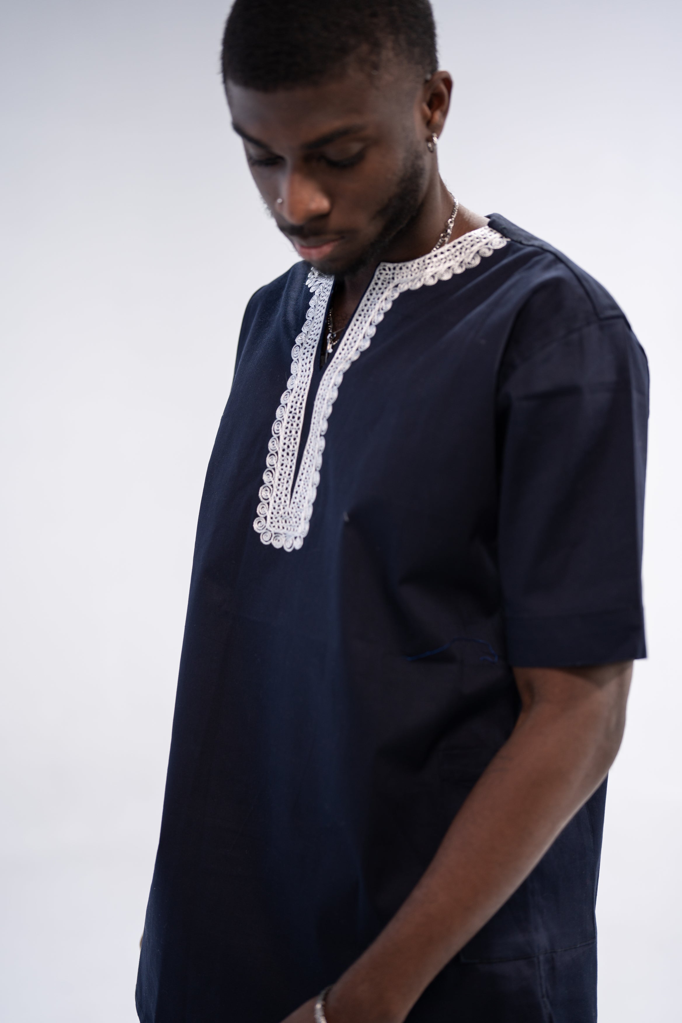 Olumide Men's African Embroidered Traditional Top (Navy)