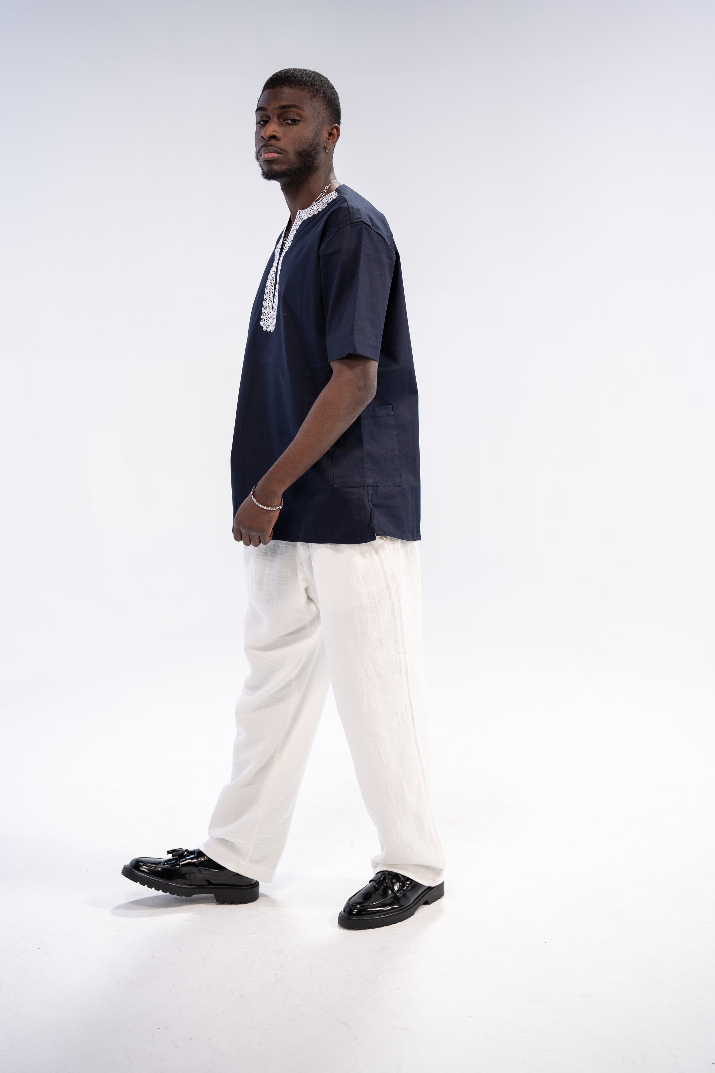 Olumide Men's African Embroidered Traditional Top (Navy)