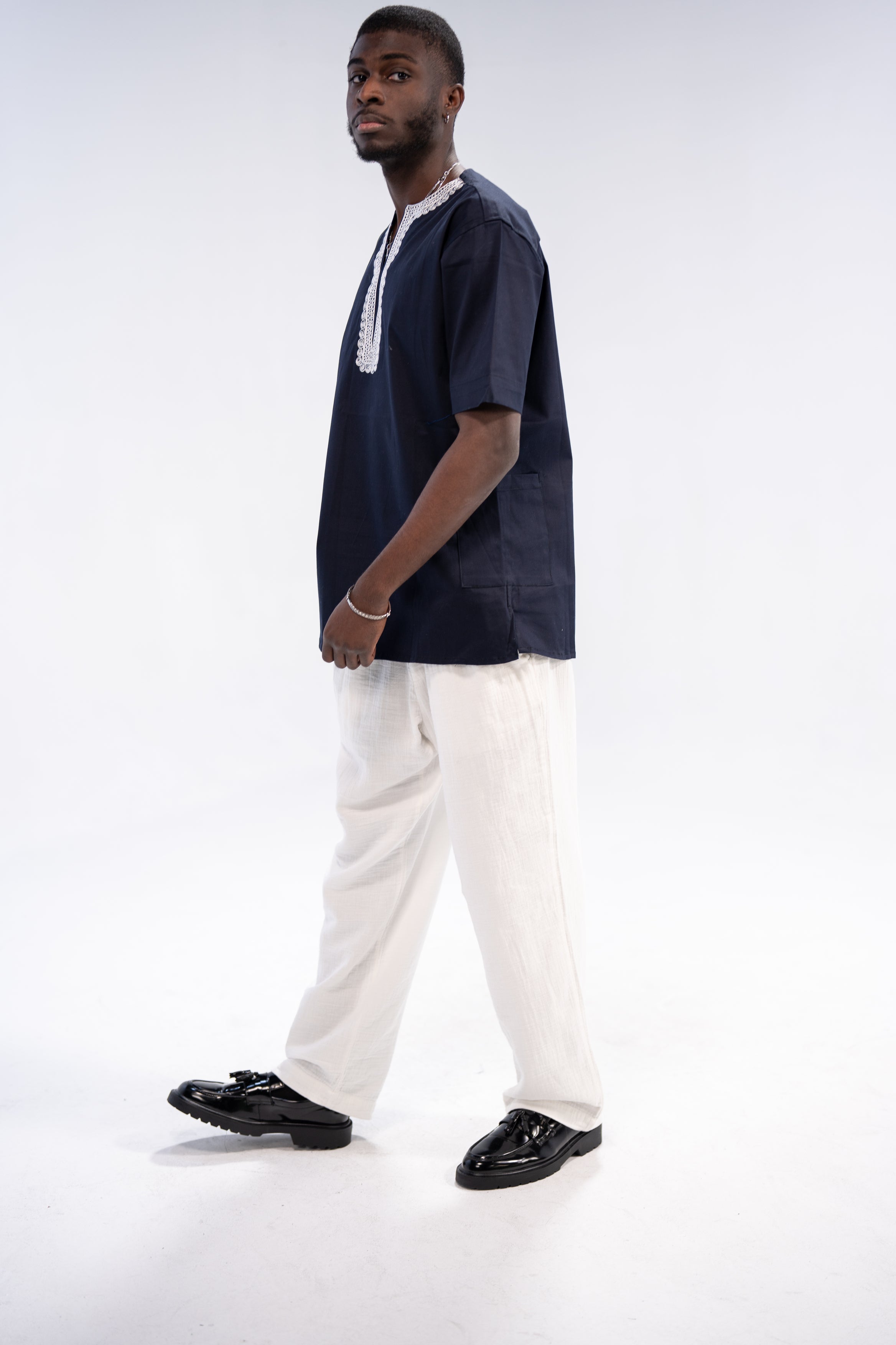 Olumide Men's African Embroidered Traditional Top (Navy)