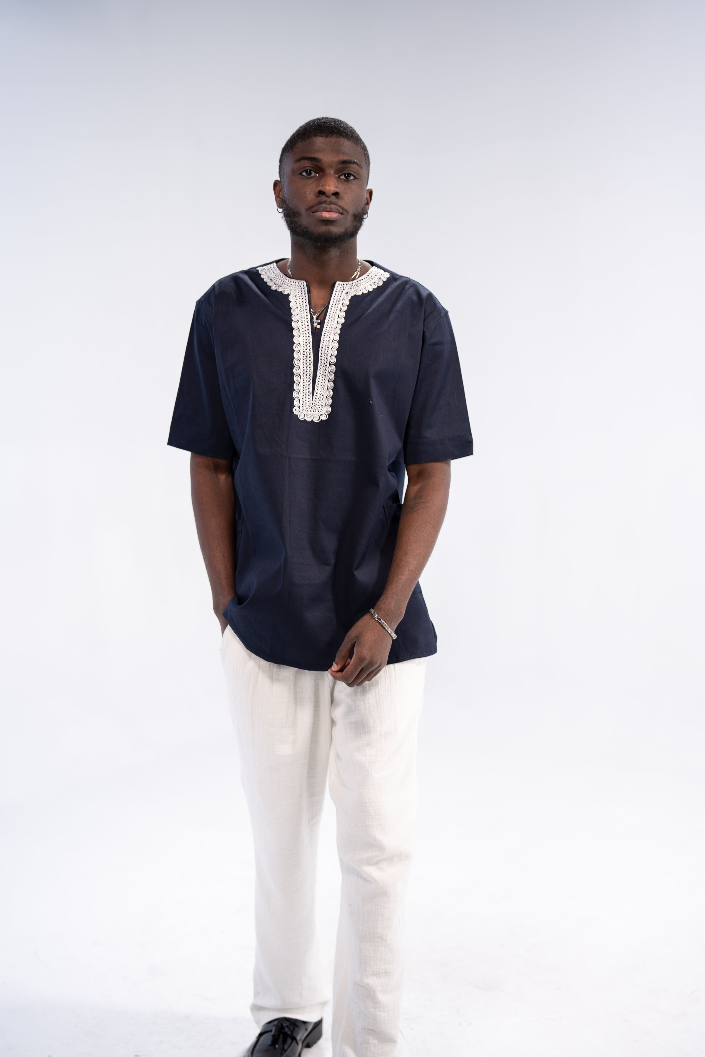 Olumide Men's African Embroidered Traditional Top (Navy)