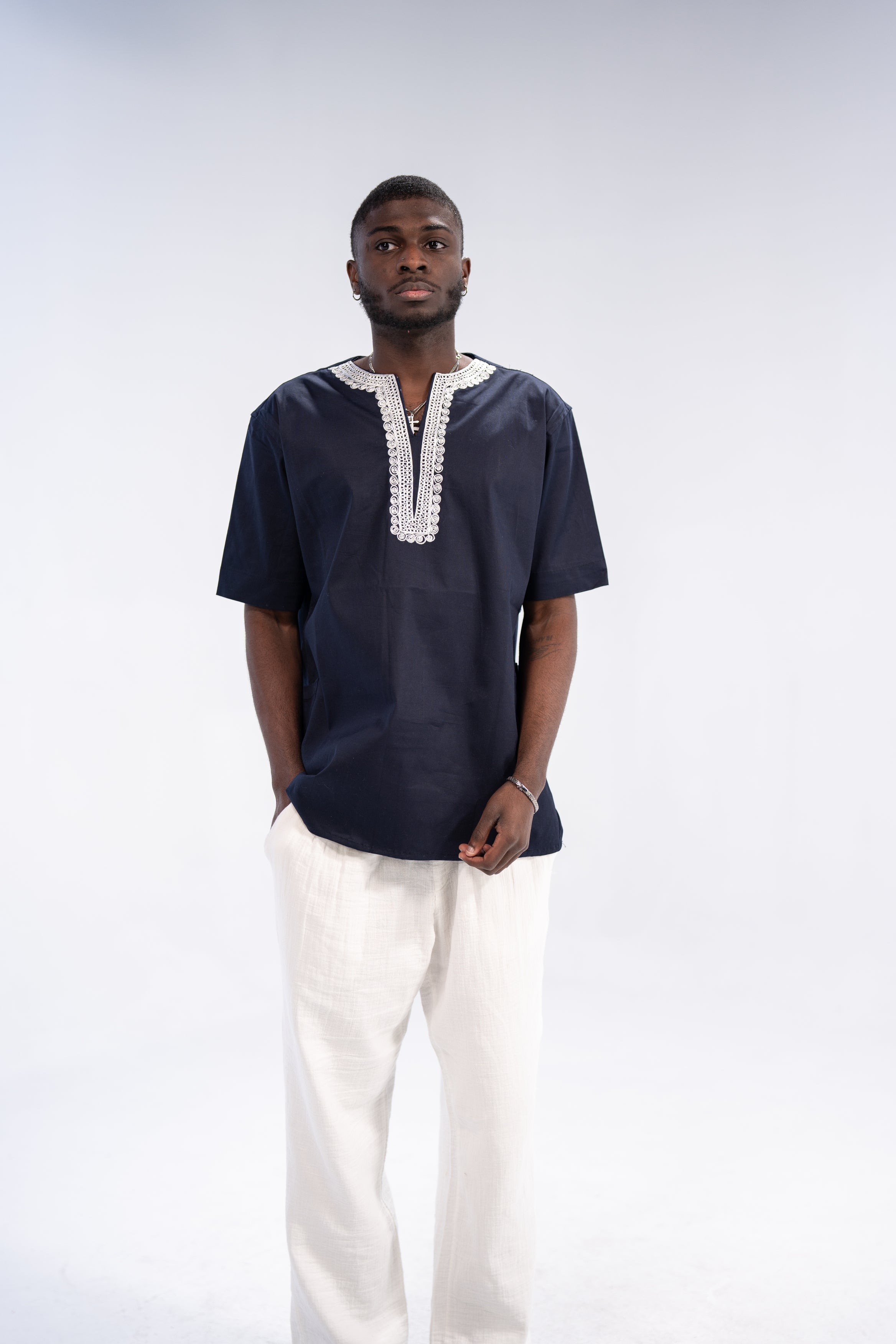 Olumide Men's African Embroidered Traditional Top (Navy)