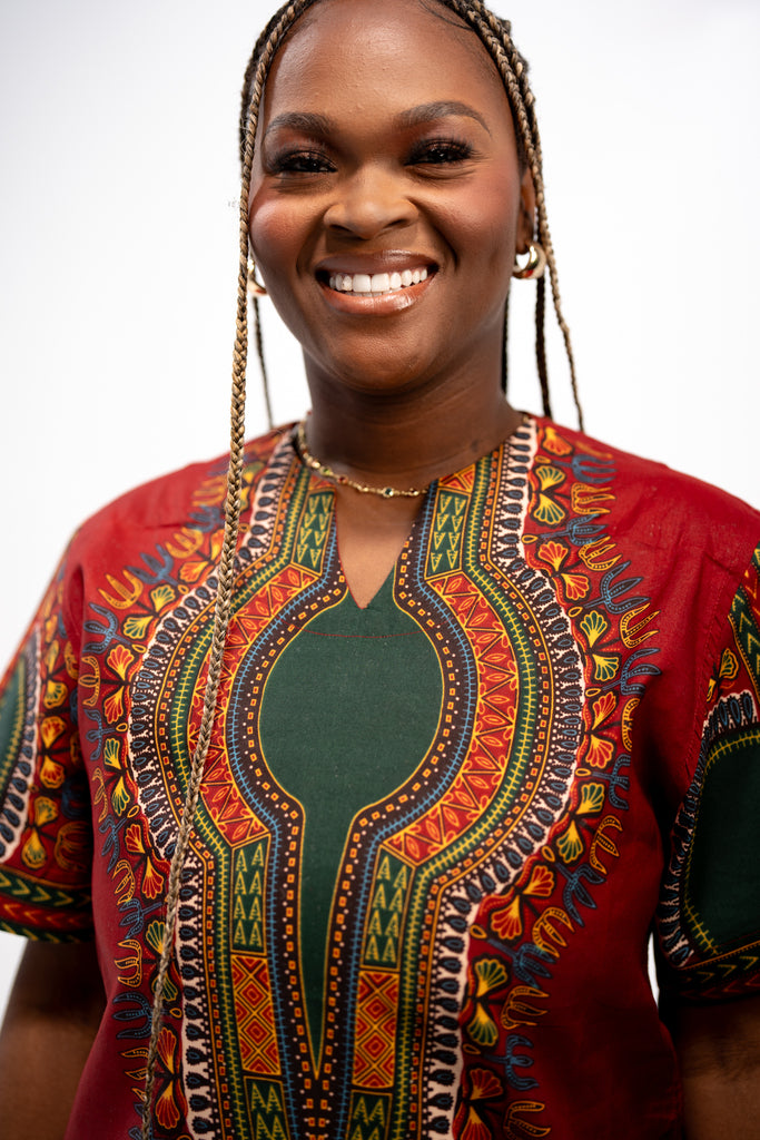 Amara Women's Majestic Dashiki Elegance Shirt (Red and Green)