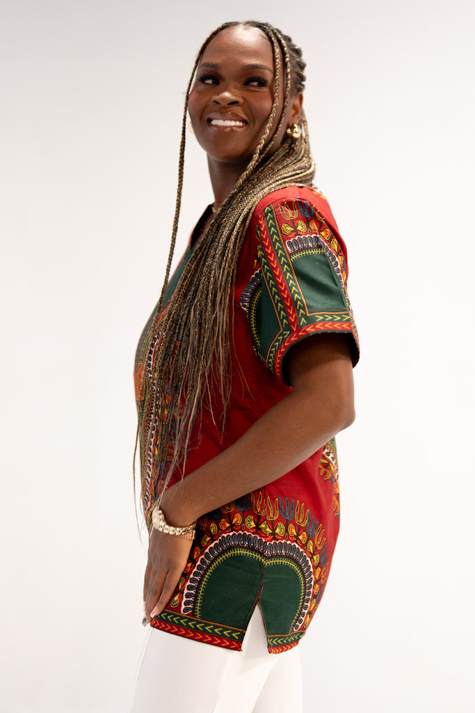 Amara Women's Majestic Dashiki Elegance Shirt (Red and Green)