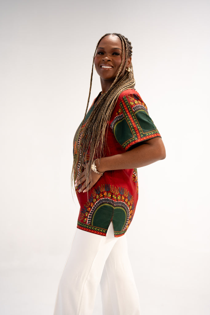 Amara Women's Majestic Dashiki Elegance Shirt (Red and Green)
