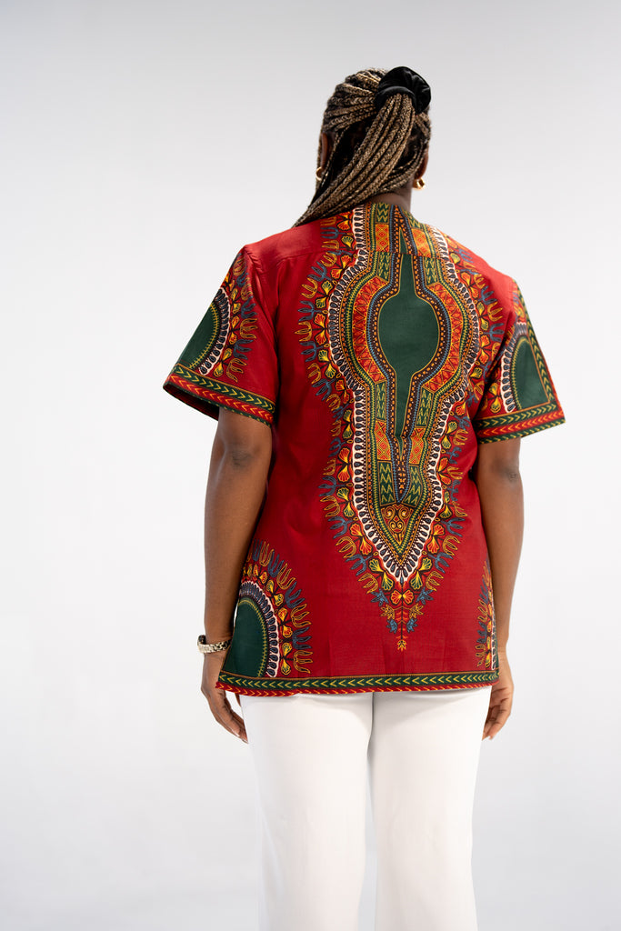 Amara Women's Majestic Dashiki Elegance Shirt (Red and Green)